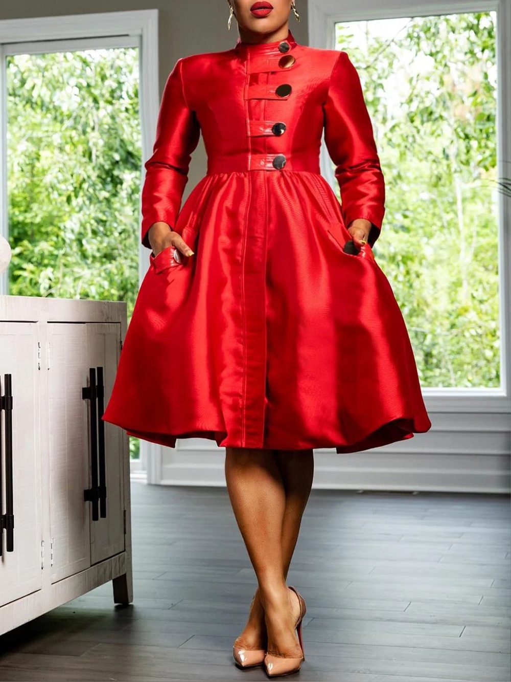 STYLEWE Red Satin Midi Dress with High Collar and Button Detail